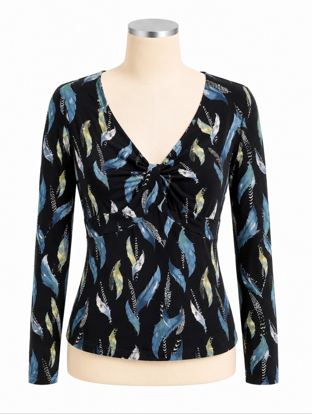 East 5th Women's Slinky Black Feather Print Twist Front Babydoll V-Neck Y2K Top